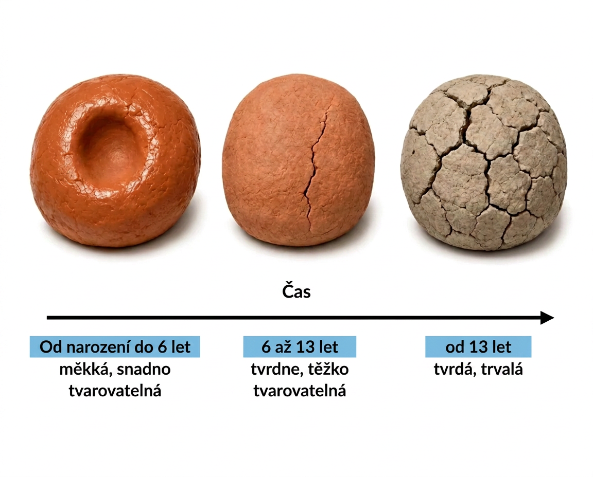 Vývoj obličejových kostí dítěte přirovnaný k hlíně, která v čase tvrdne